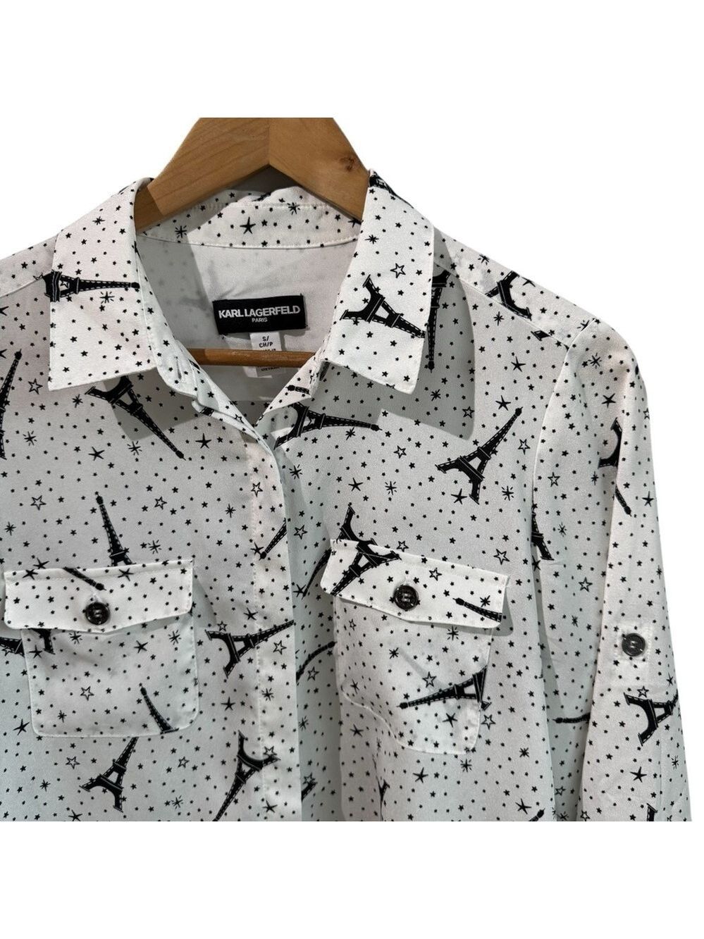 Karl Lagerfeld Eiffel Tower Blouse Sz S White Black Button Up Shirt Novelty EUC